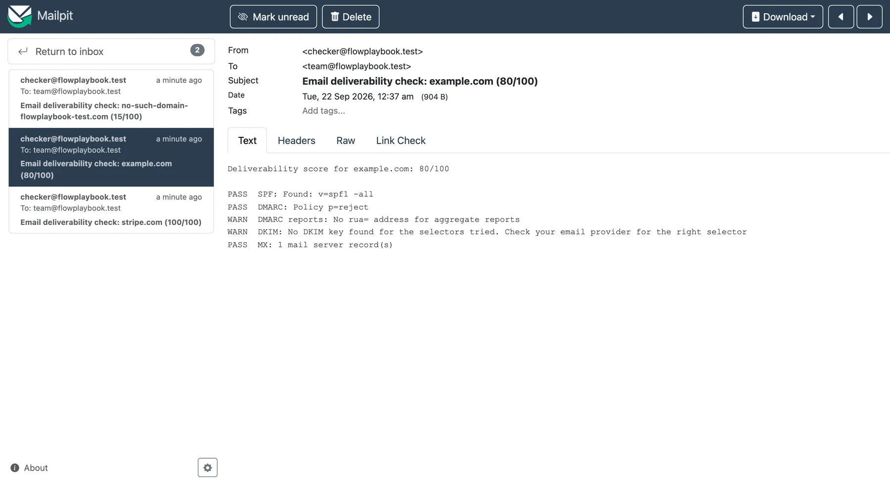 Mailpit email showing a deliverability score of 80 out of 100 for example.com with SPF and DMARC passing, and warnings for missing DMARC reports and DKIM
