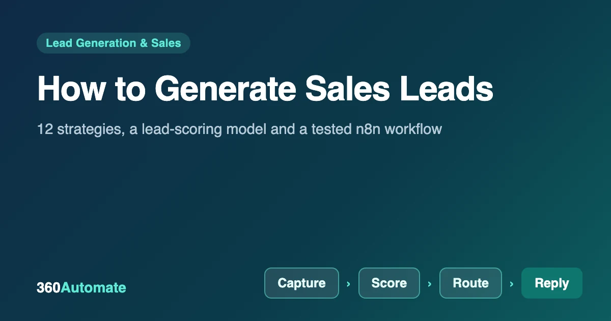 Cover graphic for the guide How to Generate Sales Leads with 12 strategies, a lead-scoring model and an n8n workflow