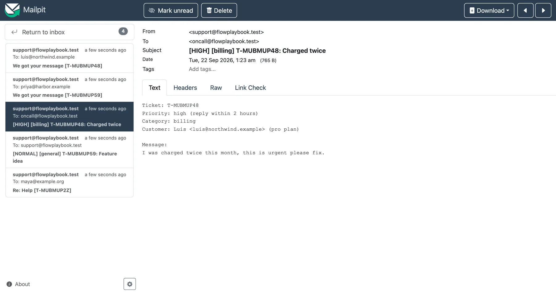 High priority team alert email sent to the on-call address showing the ticket number, priority high with a two hour reply target, category billing and the customer message