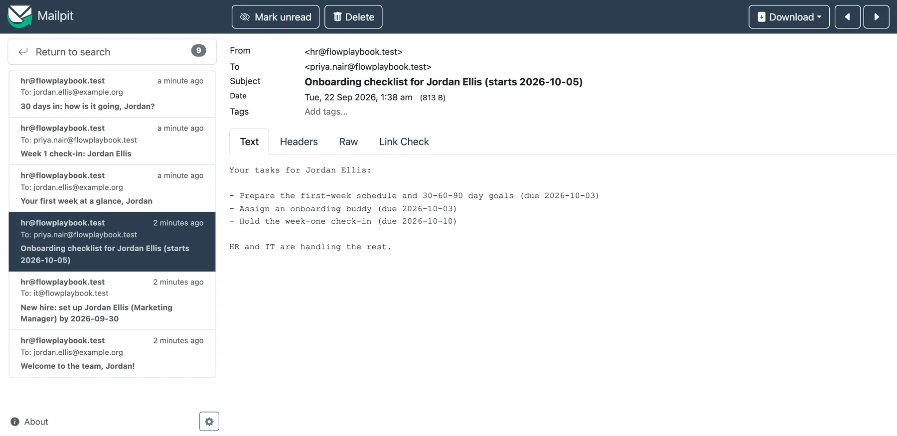 Onboarding checklist email to the manager listing three tasks with due dates calculated from the new hire's start date