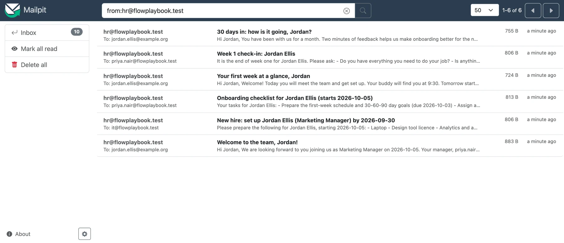 Mailpit inbox showing the six onboarding emails: welcome, IT request, manager checklist, day one, week one check-in and 30 day survey