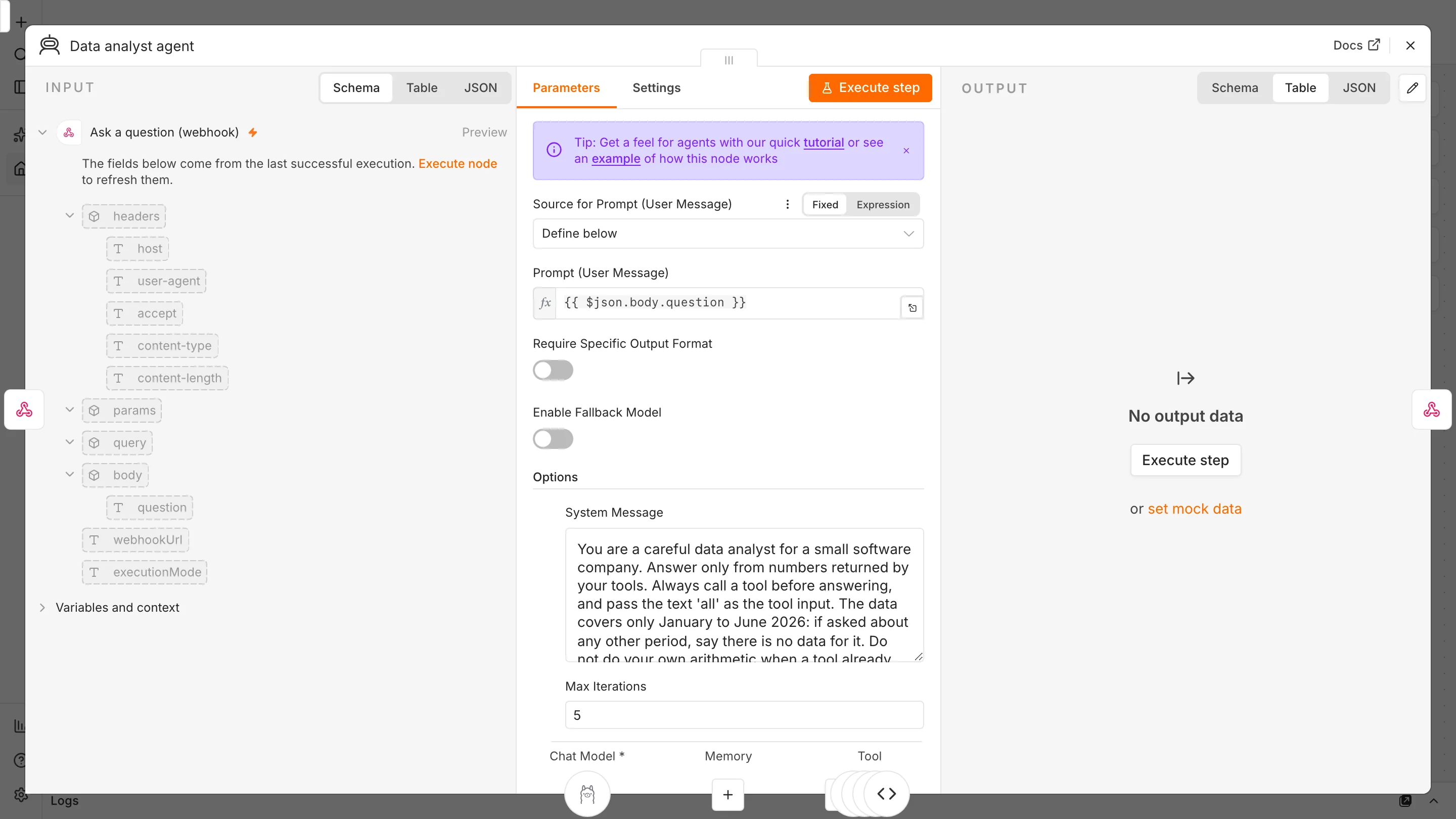 n8n AI Agent node settings showing the prompt taken from the webhook question and a system message telling the agent to answer only from tool results