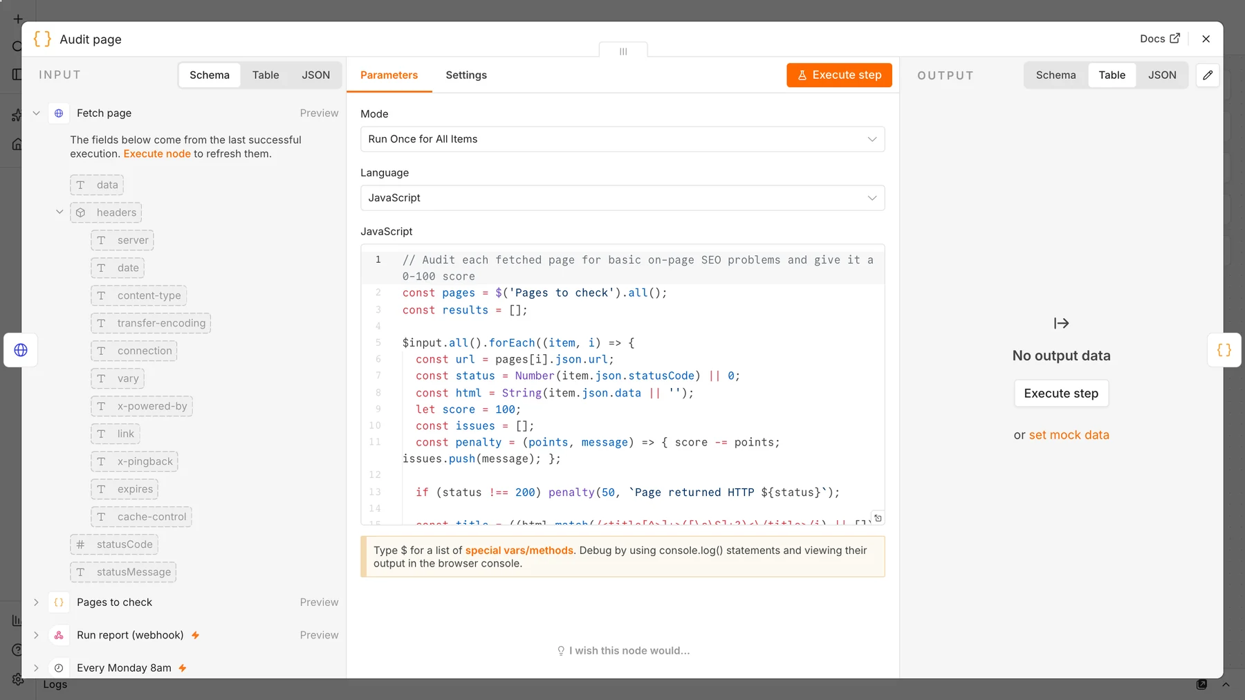 n8n Code node containing JavaScript that checks each page's status, title, meta description, H1, canonical, noindex, image alt text and word count and gives a score out of 100