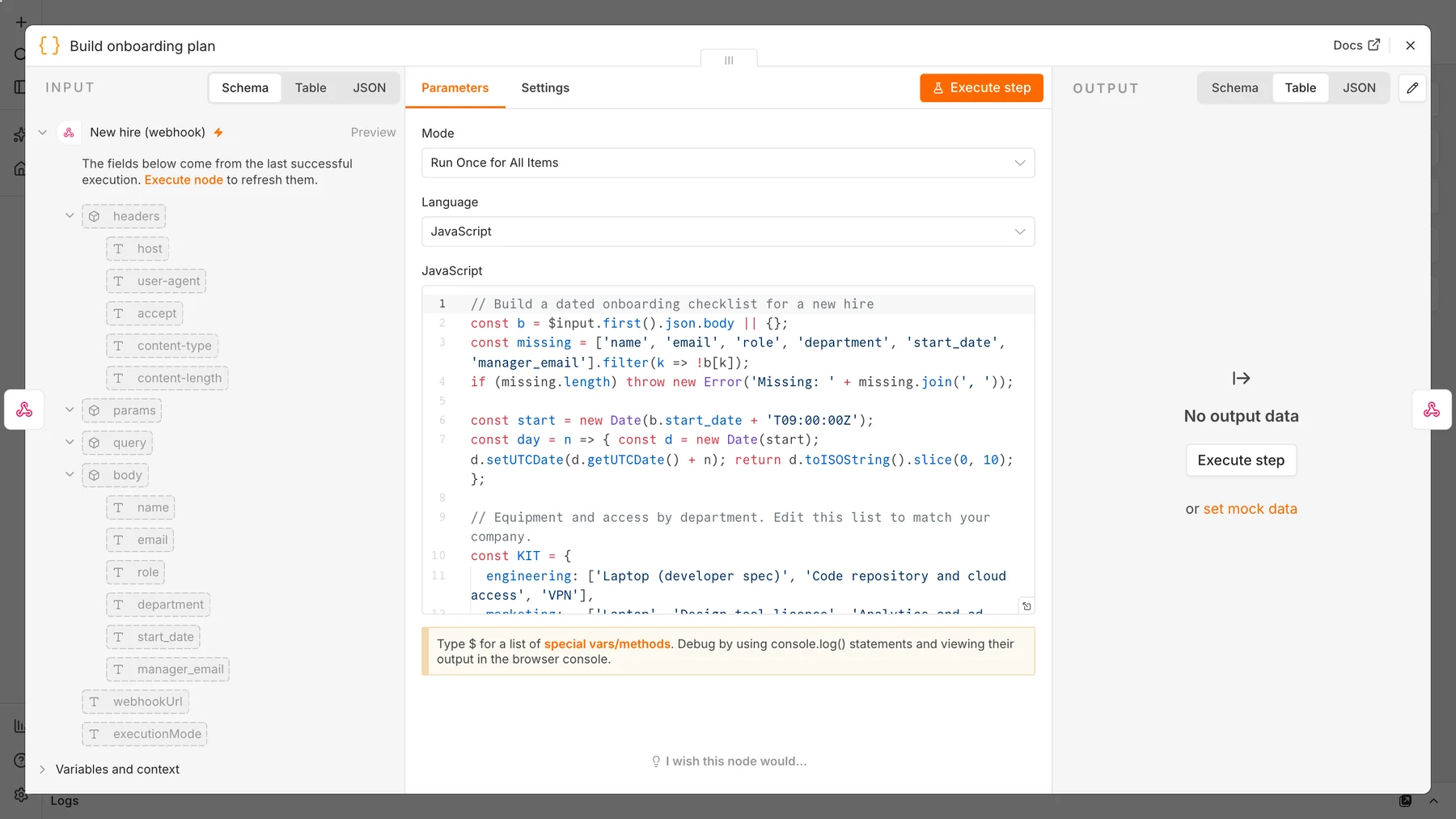 n8n Code node that builds an onboarding plan with equipment by department and seven dated tasks with owners calculated from the start date