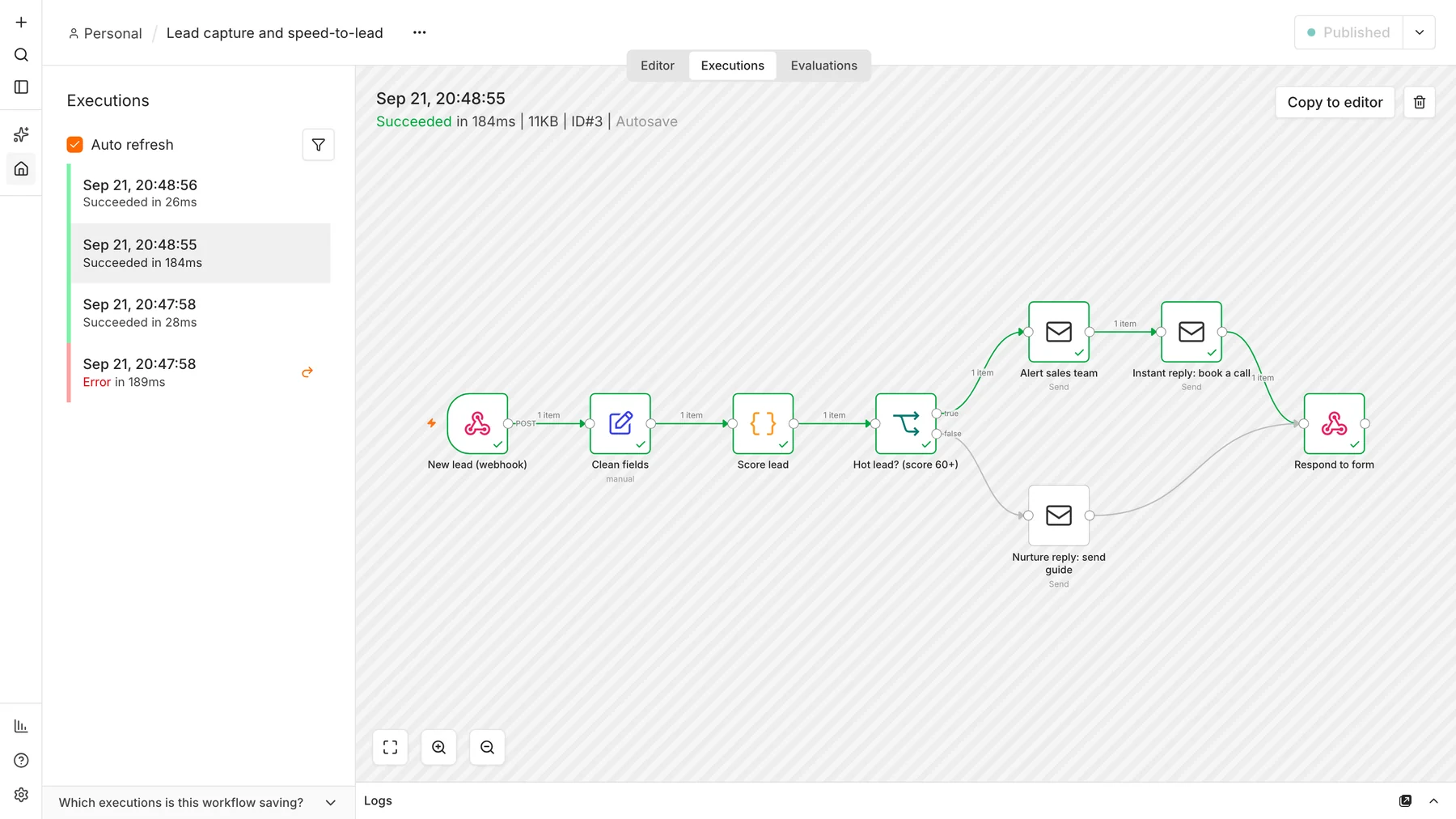 n8n execution view of a hot lead run passing through the sales alert and instant reply nodes