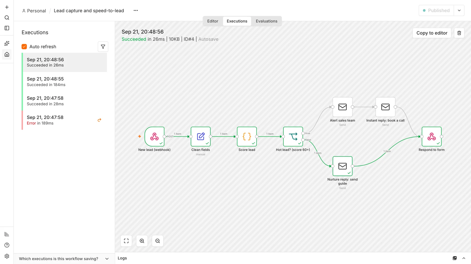 n8n executions list showing successful runs of the lead workflow with the cold lead path highlighted in green