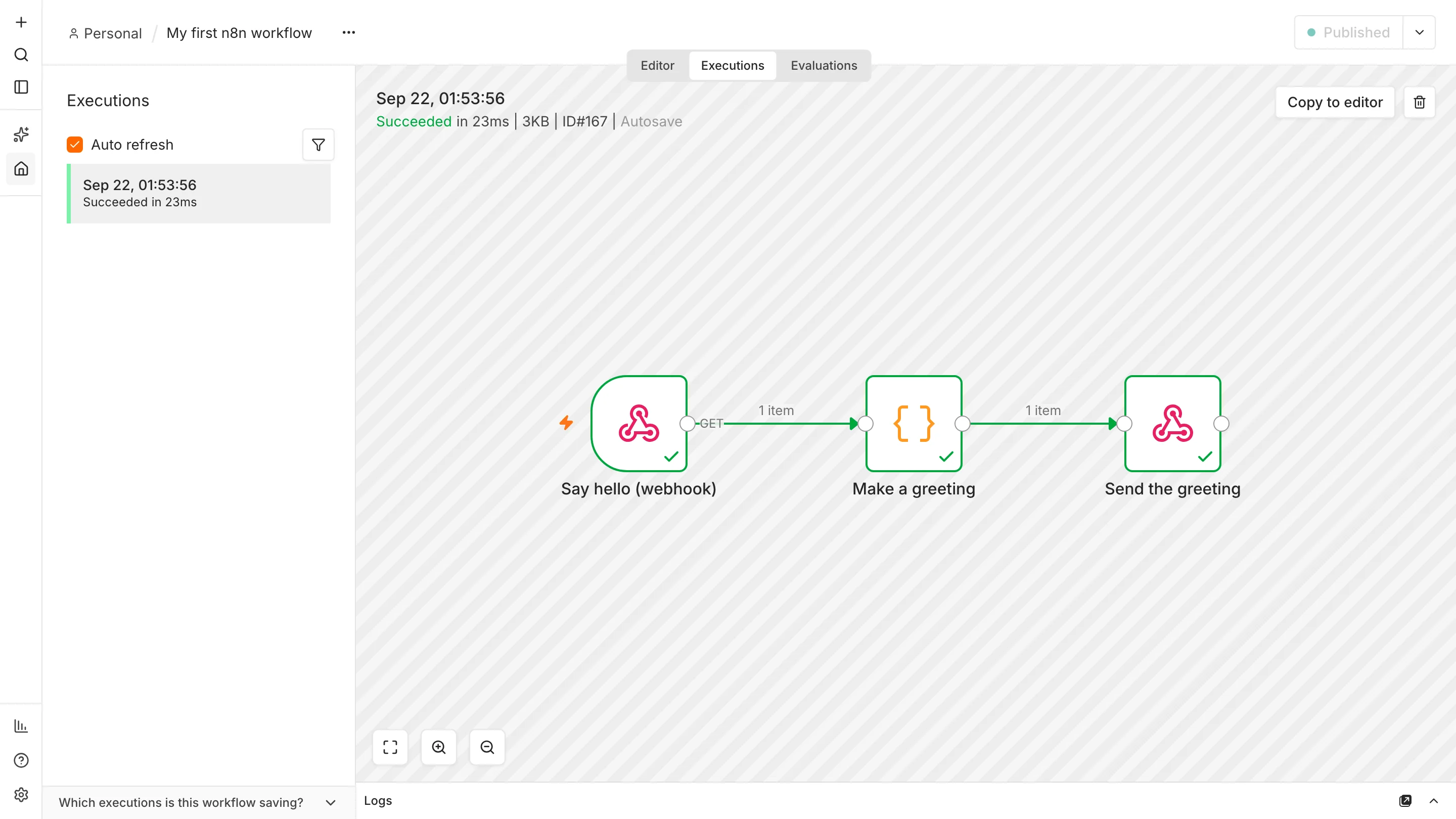 n8n Executions tab showing a successful run of the first workflow with green ticks on all three nodes