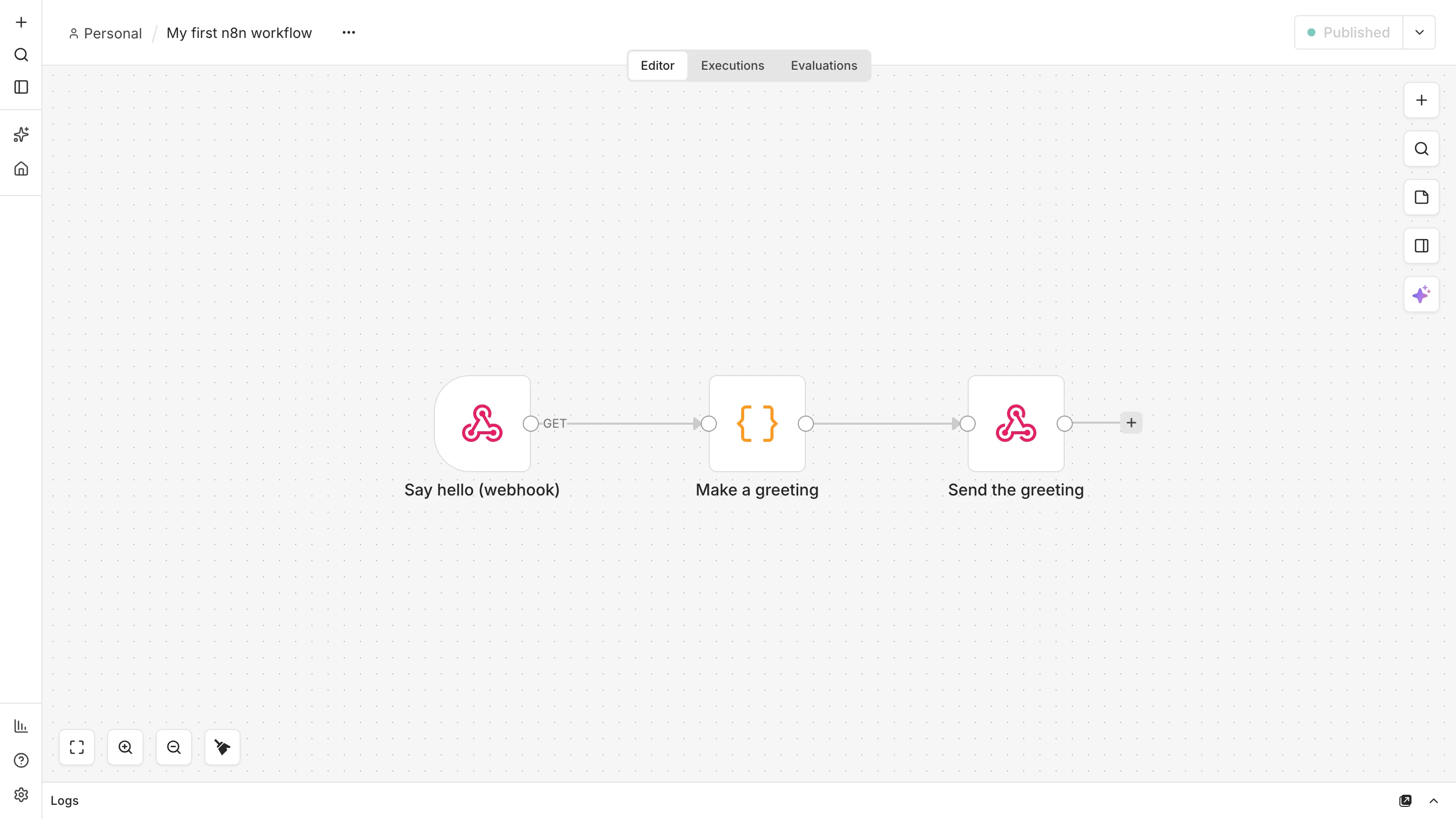 n8n canvas with three connected nodes: a Say hello webhook, a Make a greeting Code node and a Send the greeting Respond to Webhook node