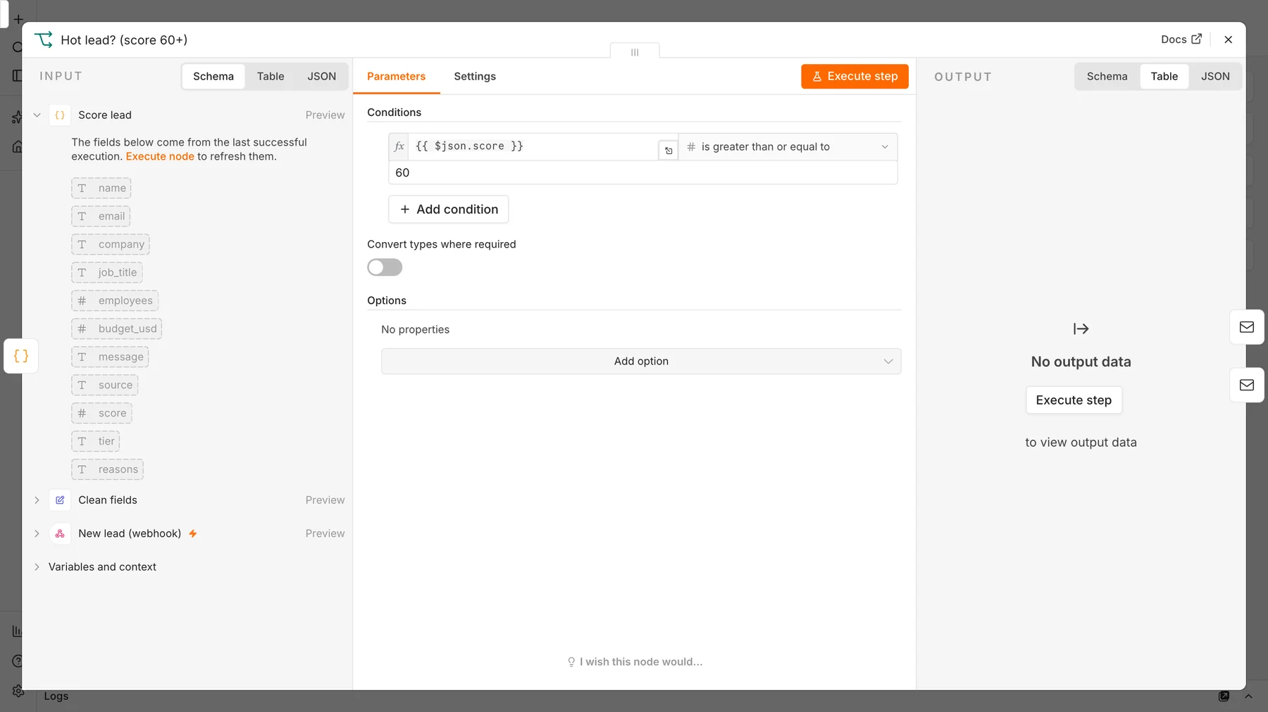 n8n If node checking whether the lead score is greater than or equal to 60 to route hot leads