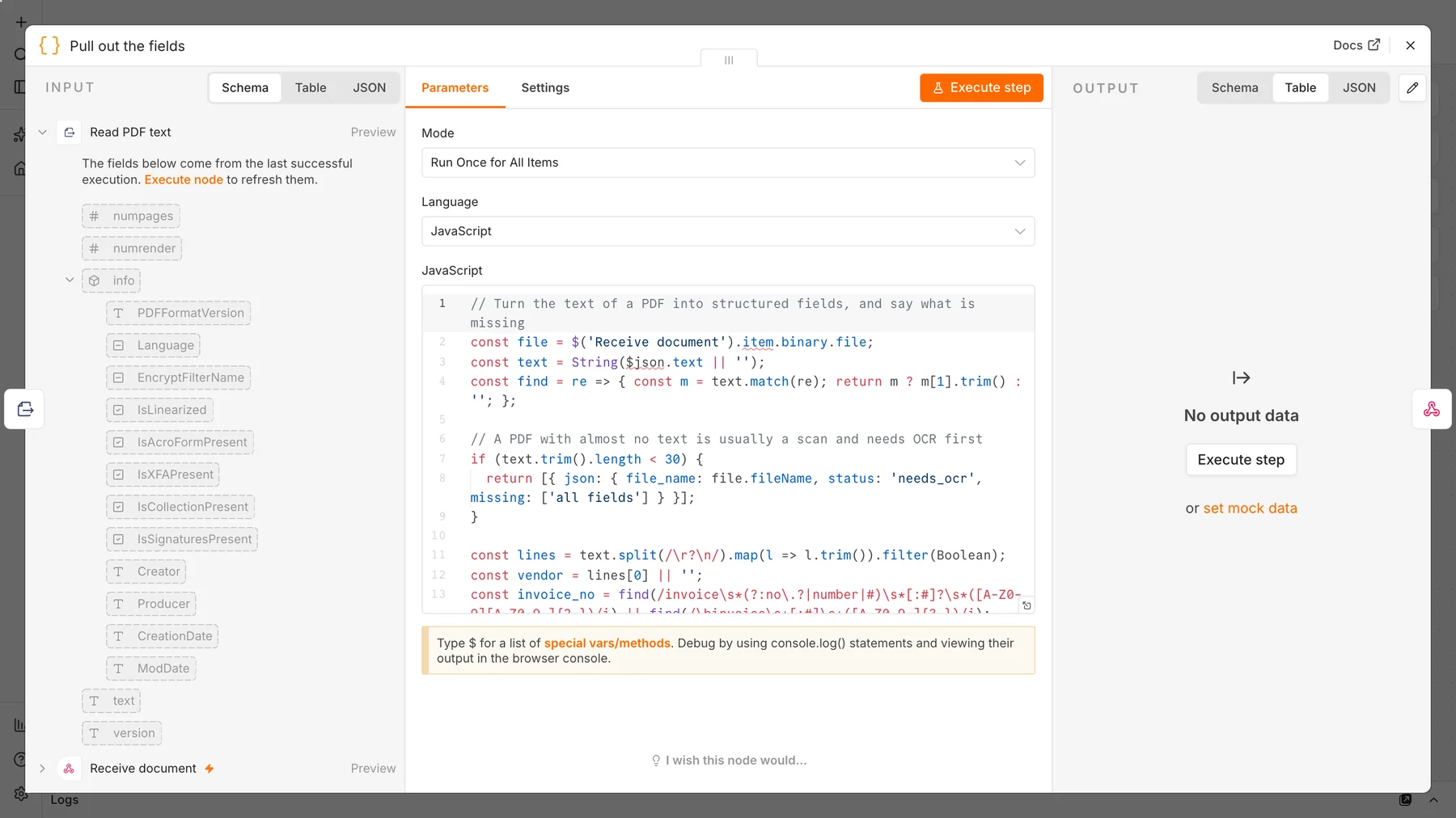 n8n Code node with JavaScript that finds the invoice number, date and total in PDF text and lists any missing fields