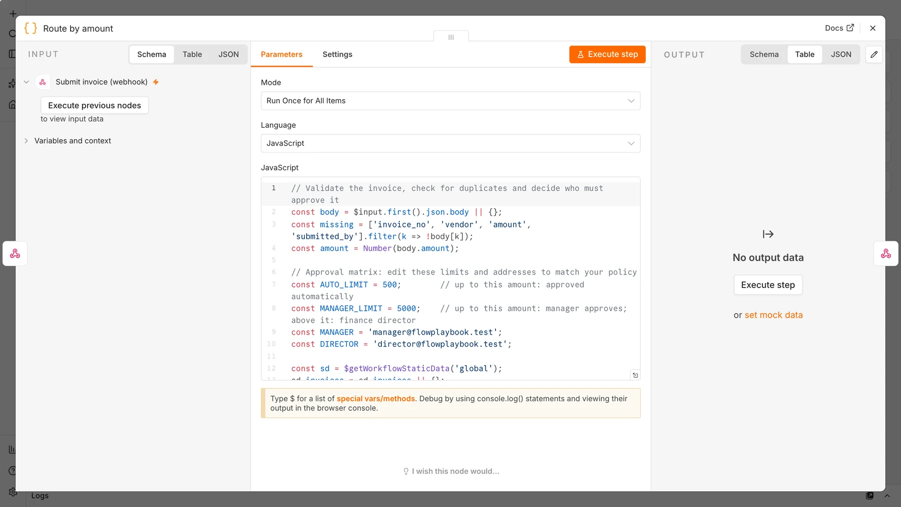 n8n Code node that validates an invoice, checks for duplicates and sets an approval matrix with an automatic limit, a manager limit and approver email addresses