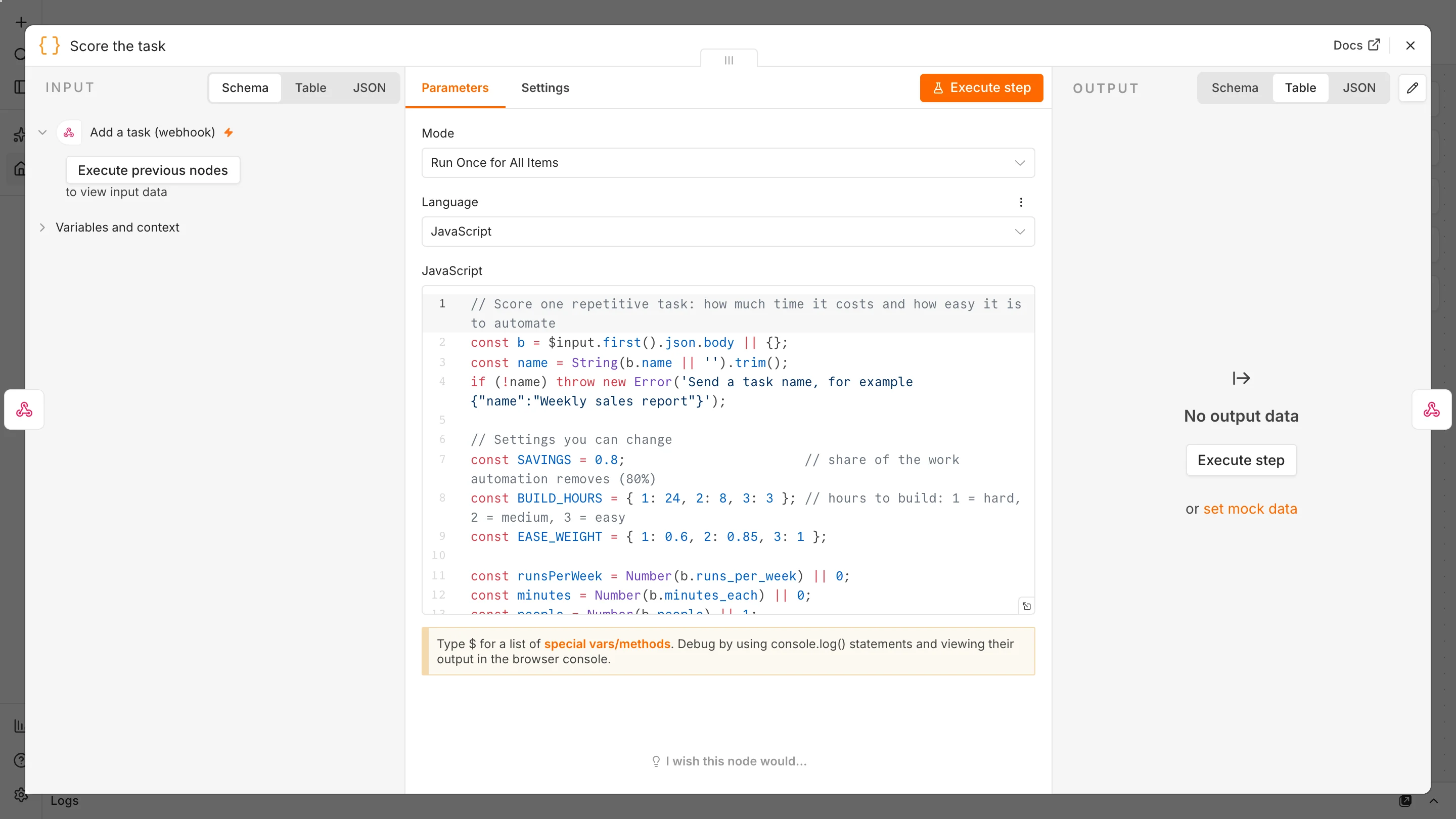 n8n Code node showing JavaScript with editable settings for savings share, build hours and ease weights used to score a repetitive task