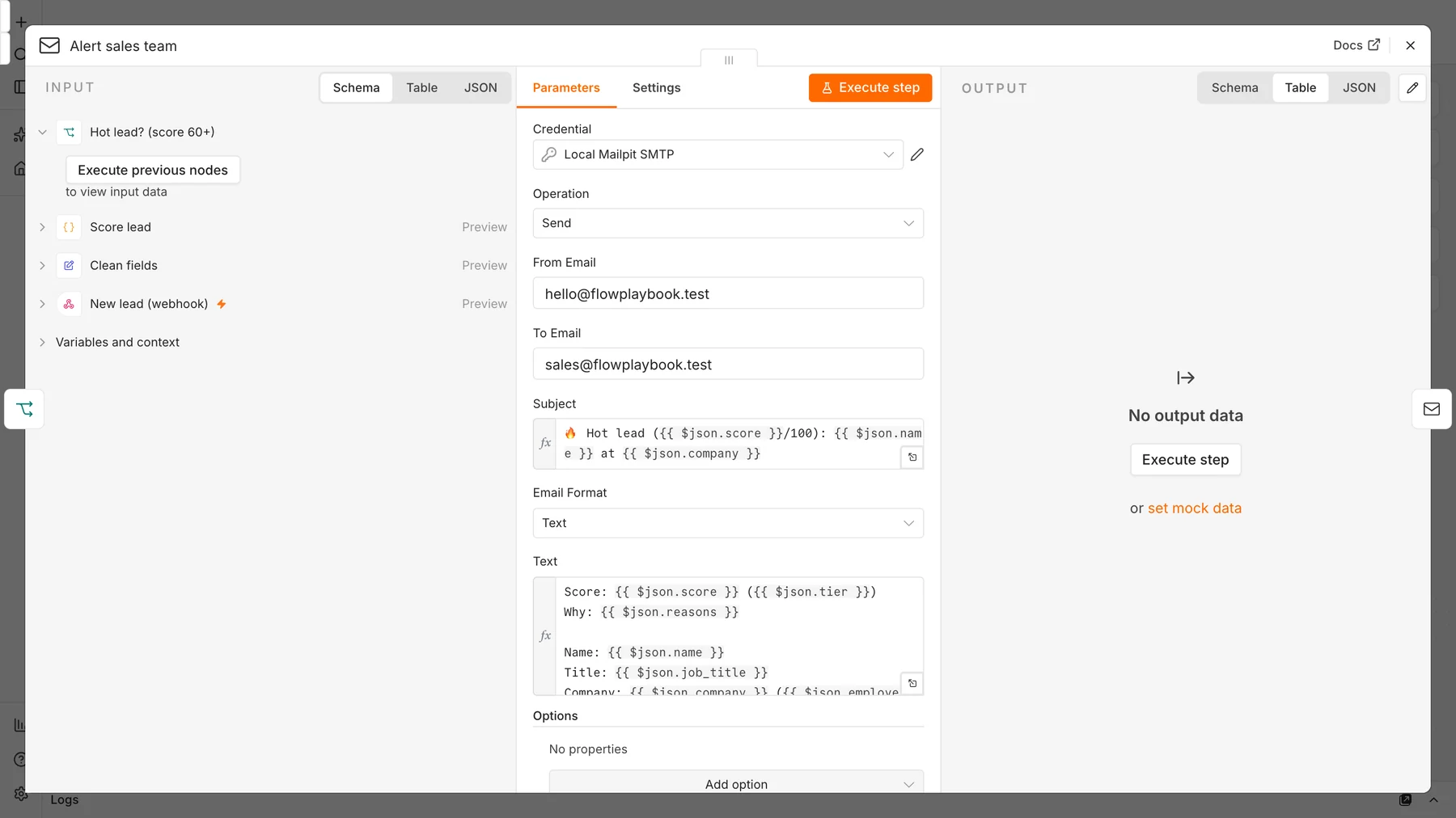 n8n Send Email node configured to alert the sales team with the lead score, reasons and contact details