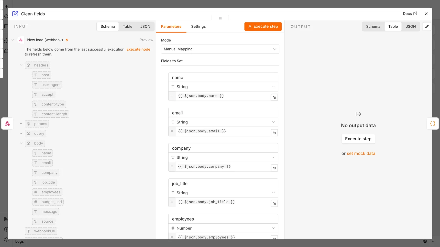 n8n Edit Fields node mapping name, email, company, job title, employees, budget, message and source from the webhook body