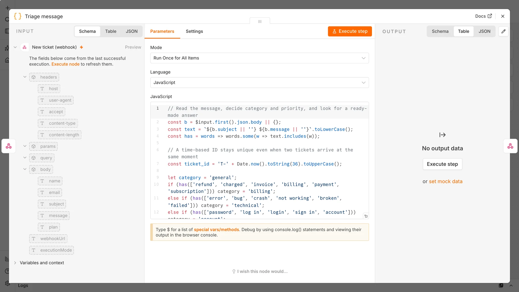 n8n Code node that reads a support message, assigns a category and priority using keyword rules and looks for a ready-made FAQ answer