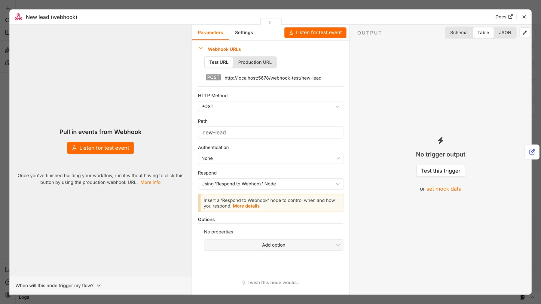 n8n Webhook node settings panel with POST method, the path new-lead and the respond using Respond to Webhook node option